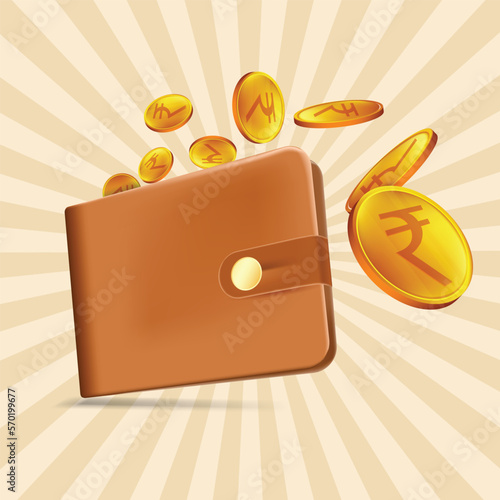 Indian currency rupee coming out from walletIndian currency rupee coins coming out from wallet. gold coin