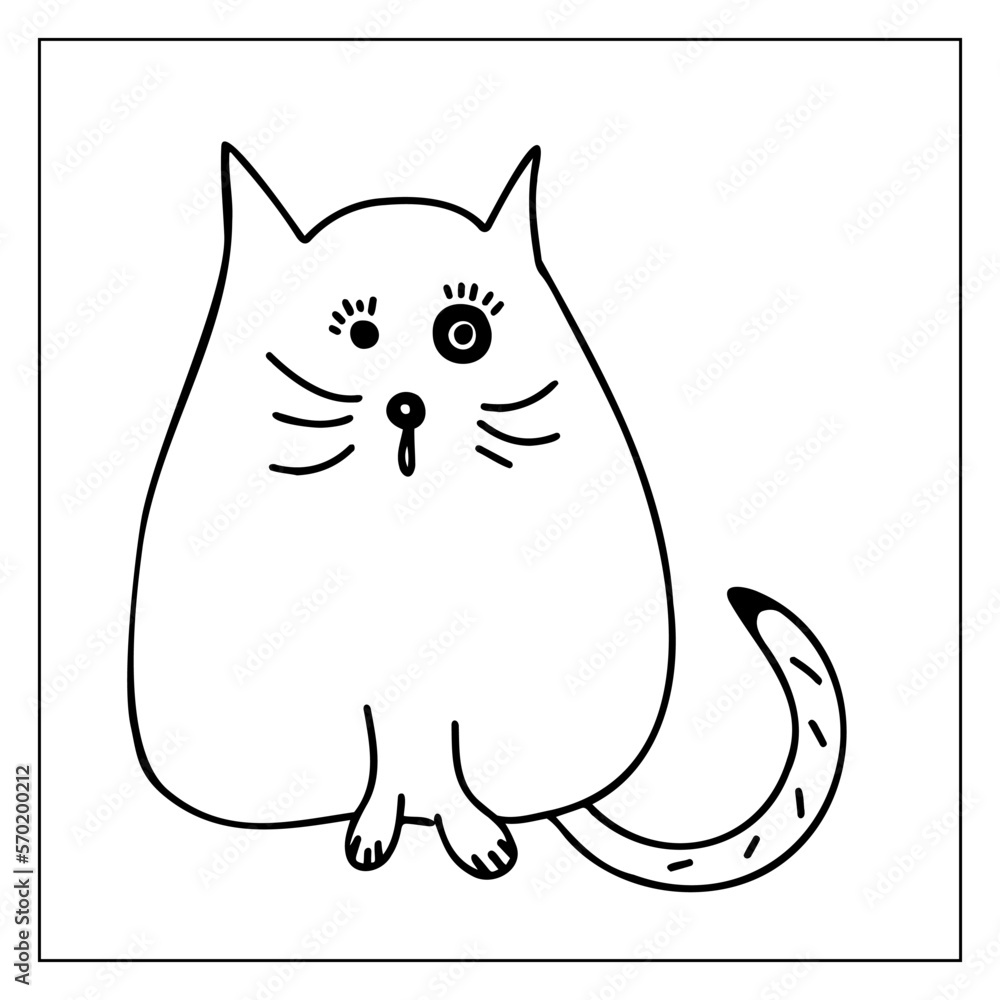 Cute fat cat. Vector black and white hand-drawn doodles. Template, design, clipart, logo, sketch, icon, coloring book. Cute fat cat. Vector black and white hand-drawn doodles. Template, design, clipart, logo, sketch, icon, coloring book.