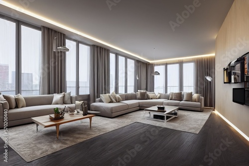 Elegant and comfortable designed living room with big corner sofa. Interior design modern apartment. Generative AI.