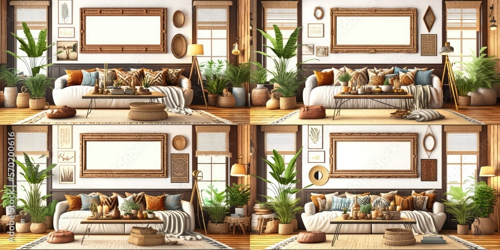 Mockup frame in interior background, room in warm tone, Scandi-Boho style, Generative AI