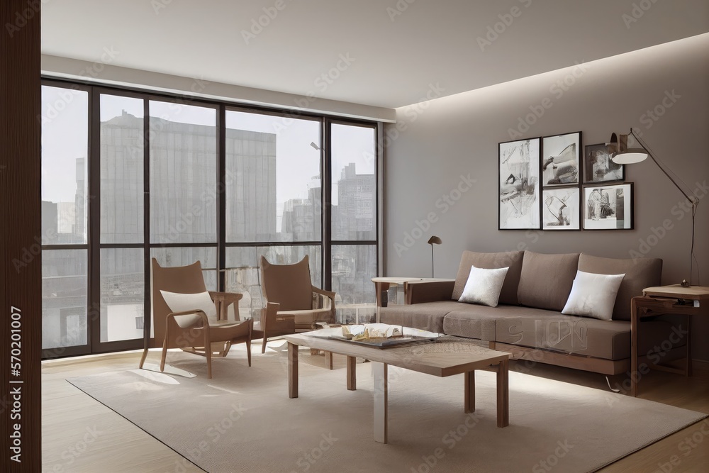 Fototapeta premium Elegant and comfortable designed living room with big corner sofa. Interior design modern apartment. Generative AI.