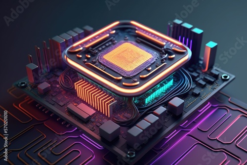 Neon Lighting CPU on the Motherboard Generative AI Illustration. Violet, purple, magenta, flamingo, pink color.