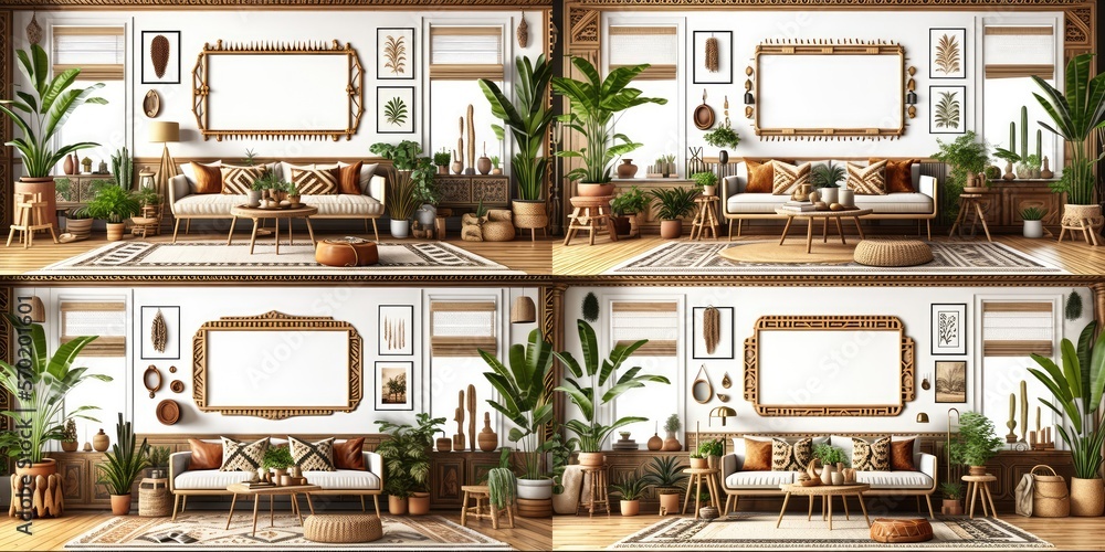 Mockup frame in interior background, room in warm tone, Scandi-Boho style, Generative AI