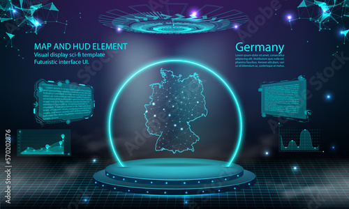 germany map light connecting effect background. abstract digital technology UI, GUI, futuristic HUD Virtual Interface with germany map. Stage futuristic podium in fog.