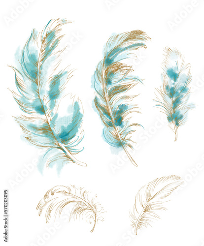 PNG Beautiful elegant set of feathers on transparent background. Watercolor and ink illustration in turquoise hues with gold outline.
