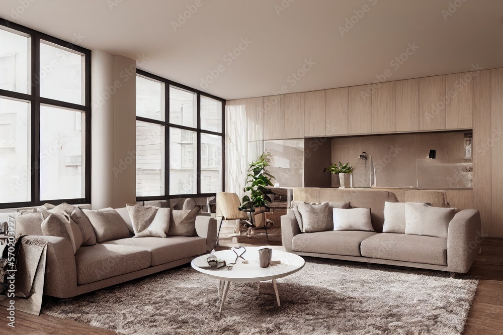 Fototapeta premium Elegant and comfortable designed living room with big corner sofa. Interior design modern apartment. Generative AI.