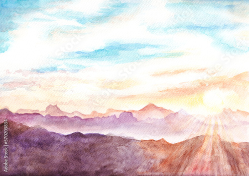 River bank on foggy Mountains silhouettes background. Watercolor hand drawn illustration in blue hues. Landscape at evening with tree,  reeds, clear flowing river and misty distant mountains. 