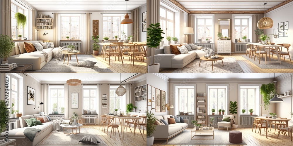 Stylish scandinavian composition of living room with design armchair, mock up poster frame, personal accessories in modern home decor. Generative AI.