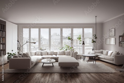 Stylish scandinavian composition of living room with design armchair  mock up poster frame  personal accessories in modern home decor. Generative AI.