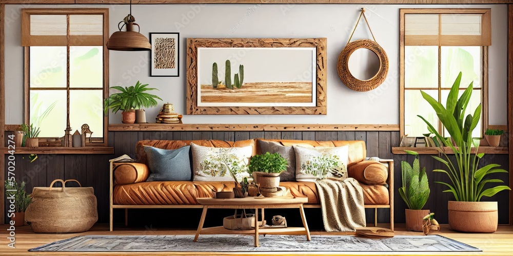 Mockup frame in interior background, room in warm tone, Scandi-Boho style, Generative AI