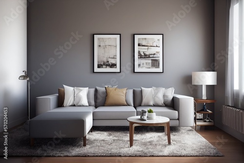 Elegant and comfortable designed living room with big corner sofa. Interior design modern apartment. Generative AI.