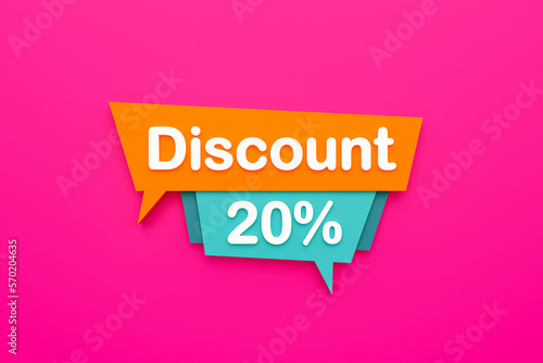 20% discount. Retail marketing, discount sign to promote commercial activities. Consumerism, twenty percent, buying and shopping. 3D illustration