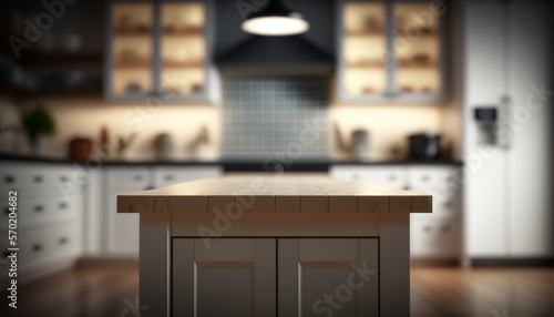 Empty Kitchen Table For Product Placement with Blurry Kitchen Interior Background 3d Rendered Created With Generative Ai