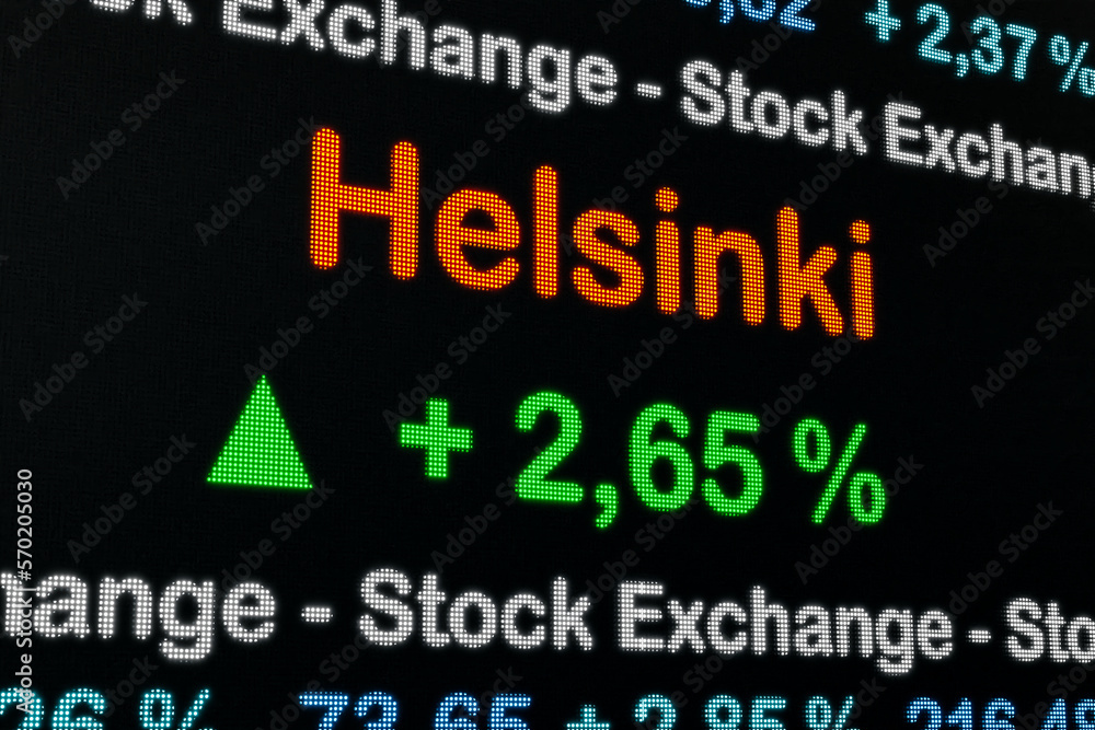 Helsinki Stock market moving up. Finland, Helsinki, positive stock market data on a trading screen. Green percentage sign and ticker information. Stock exchange and business concept. 3D illustration
