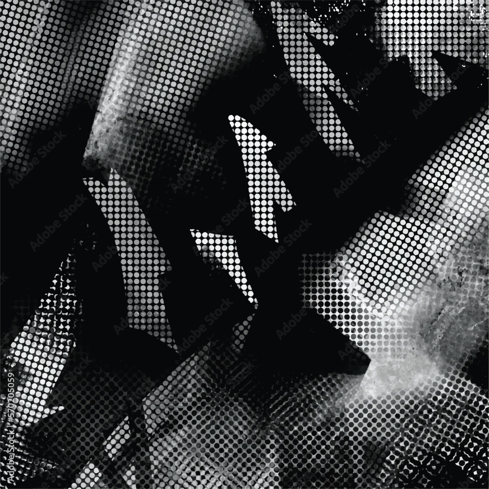 Fototapeta premium Black and white abstract brush textured polka dots decoration vector background isolated on square template for social media template, paper and textile scarf print, wrapping paper, poster.