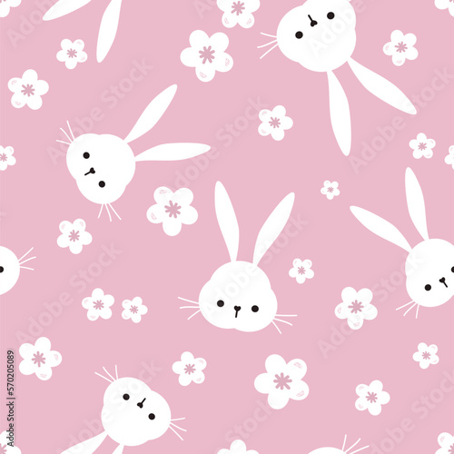 Seamless pattern with rabbits and flower on pink background vector.
