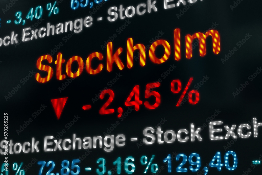 Stockholm stock market down. Sweden, Stockholm negative stock market data on a trading screen. Red percentage sign and ticker information. Stock exchange and business concept. 3D illustration