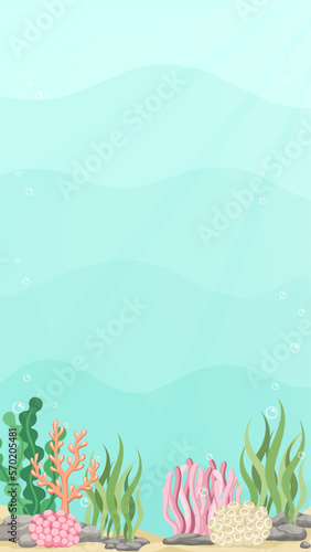 Underwater scene with coral reef and seaweed backdrop. Marine life vector design template. Backgrounds with copy space for text for banners, social media stories
