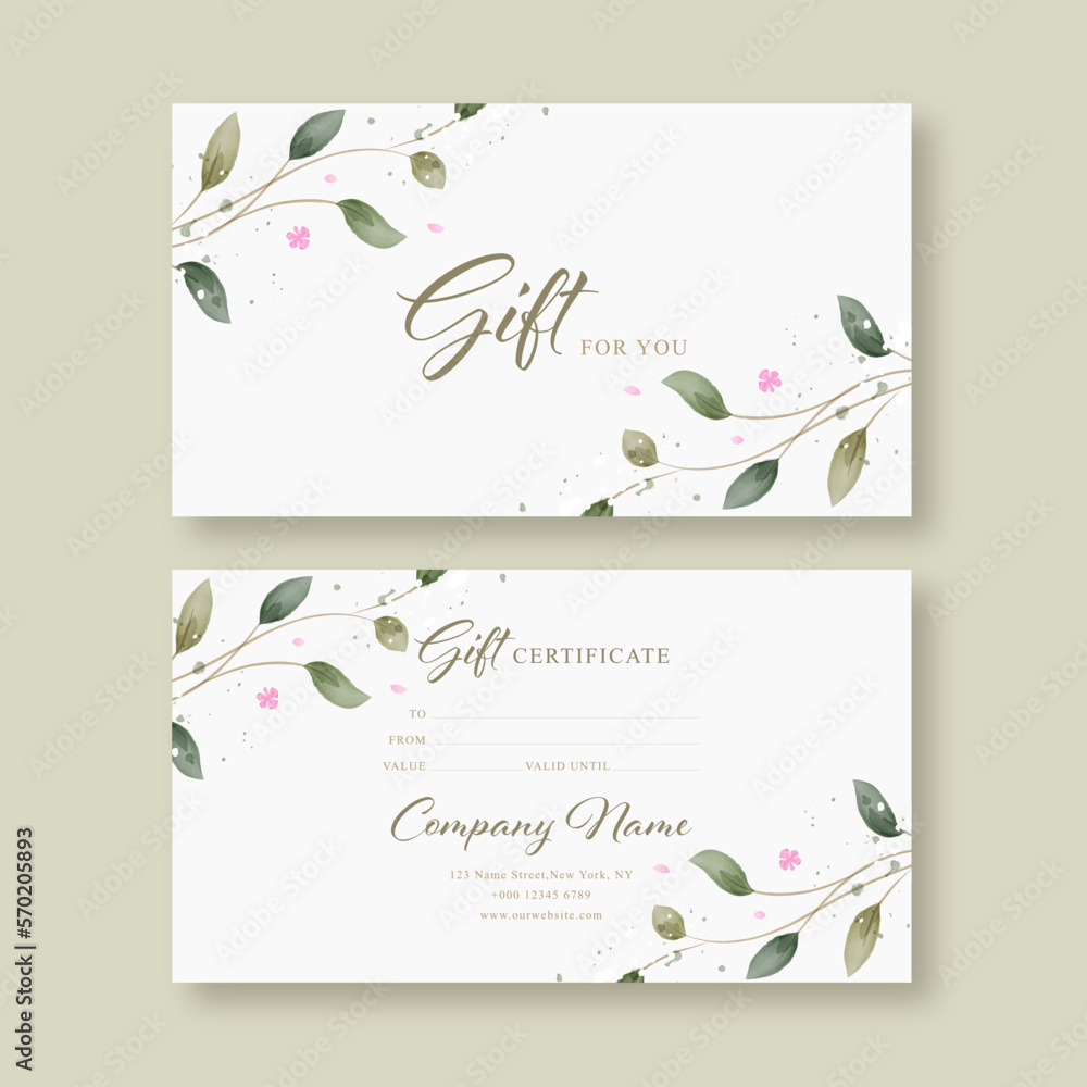  Gift voucher card template. Modern discount coupon or certificate layout in rustic style. Greenery Watercolor Floral Vector illustration.