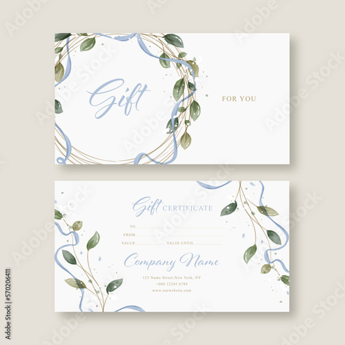  Gift voucher card template. Modern discount coupon or certificate layout in rustic style. Greenery Watercolor Floral Vector illustration.