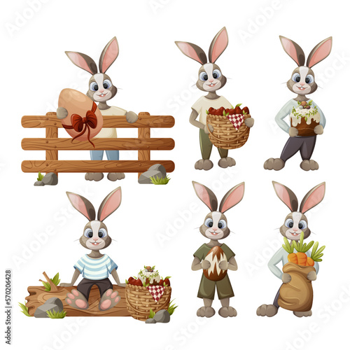 A set of funny Easter bunnies holding a cake, a wicker basket with eggs, a bag of carrots in their paws. Vector illustration in cartoon style on an isolated background.