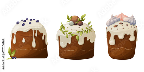 A set of Easter cakes with white icing, decorated with blueberries, leaves and meringue. Vector illustration of baking for the spring holiday on an isolated background.