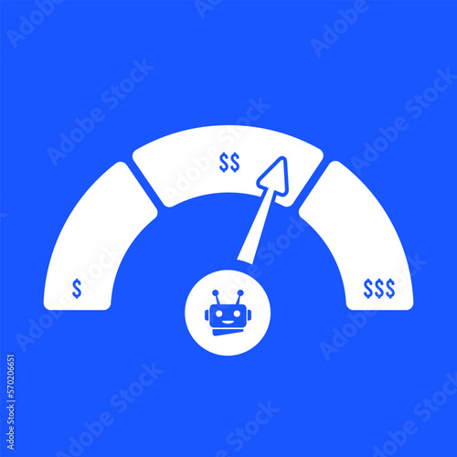 AI-driven online dynamic pricing strategies concept. AI Pricing optimization, artificial intelligence guides arrow that rotates on indicator with prices from low to high. Flat design vector icon
