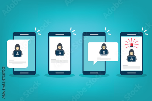 Hacker, malware notification on mobile phone. Smartphone with hacker alert, spam data on cellphone fraud error message, scam, virus. Flat vector illustration.