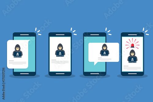 Hacker, malware notification on mobile phone. Smartphone with hacker alert, spam data on cellphone fraud error message, scam, virus. Flat vector illustration.
