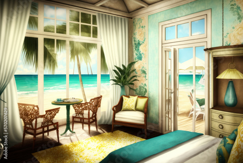 Beach luxury resort hotel room graphic design 3d model background. Generative ai © ant