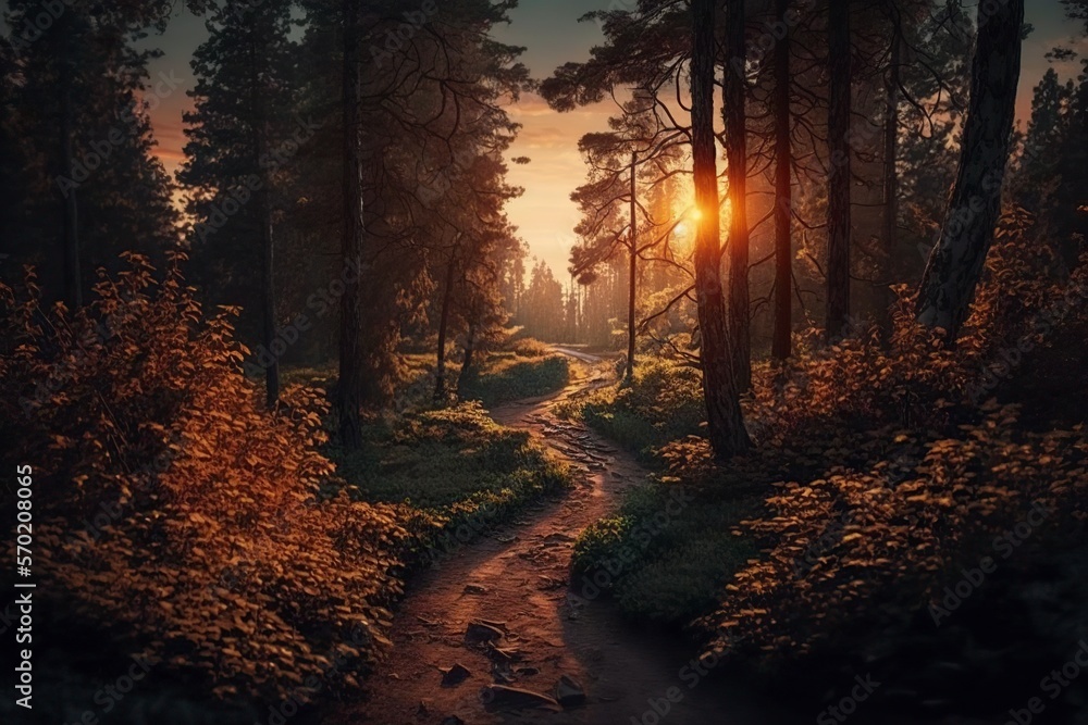 Obraz premium image, calm forest paths at sunset, generative ai