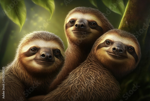 Sloths with copy space background. World wildlife day concept. Generative ai.