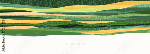 Abstract farm field collage background. Agro land backdrop, farmland landscape vector illustration with texture. Oriental decorative banner, eco design, green rural panorama, ecology art header