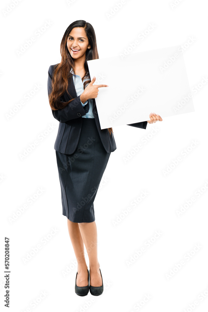 A trendy young businesswoman standing and holding a blank placard and pointing at a copyspace isolated on a png background. A trendy young businesswoman standing and holding a blank placard and pointing at a copyspace isolated on a png background.