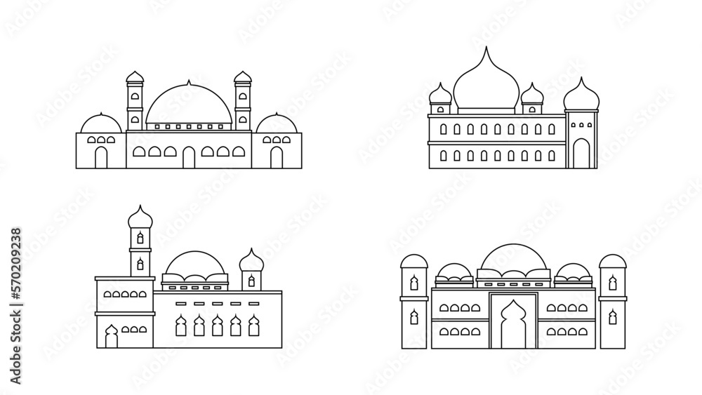 Four islamic mosque isolated on white background for ramadan concept.