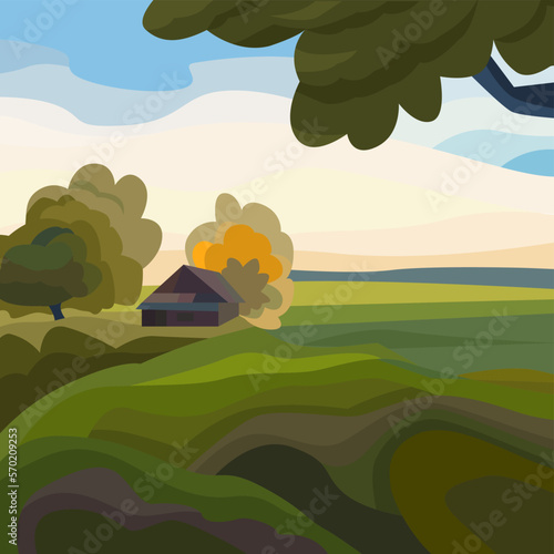 vector landscapes, nature picture for printing and decorating things. Bright background with the environment, forest, field, meadow and lake.