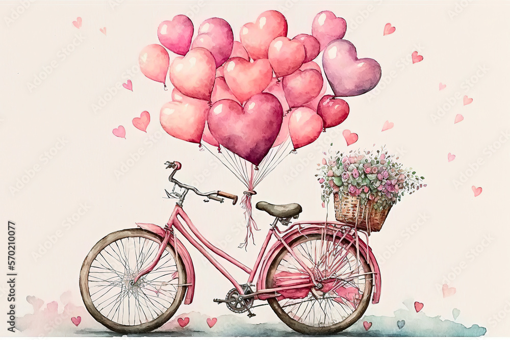 Watercolor bicycle with many pink cute heart shape balloons illustration, Valentine and love graphic resource. Generative AI
