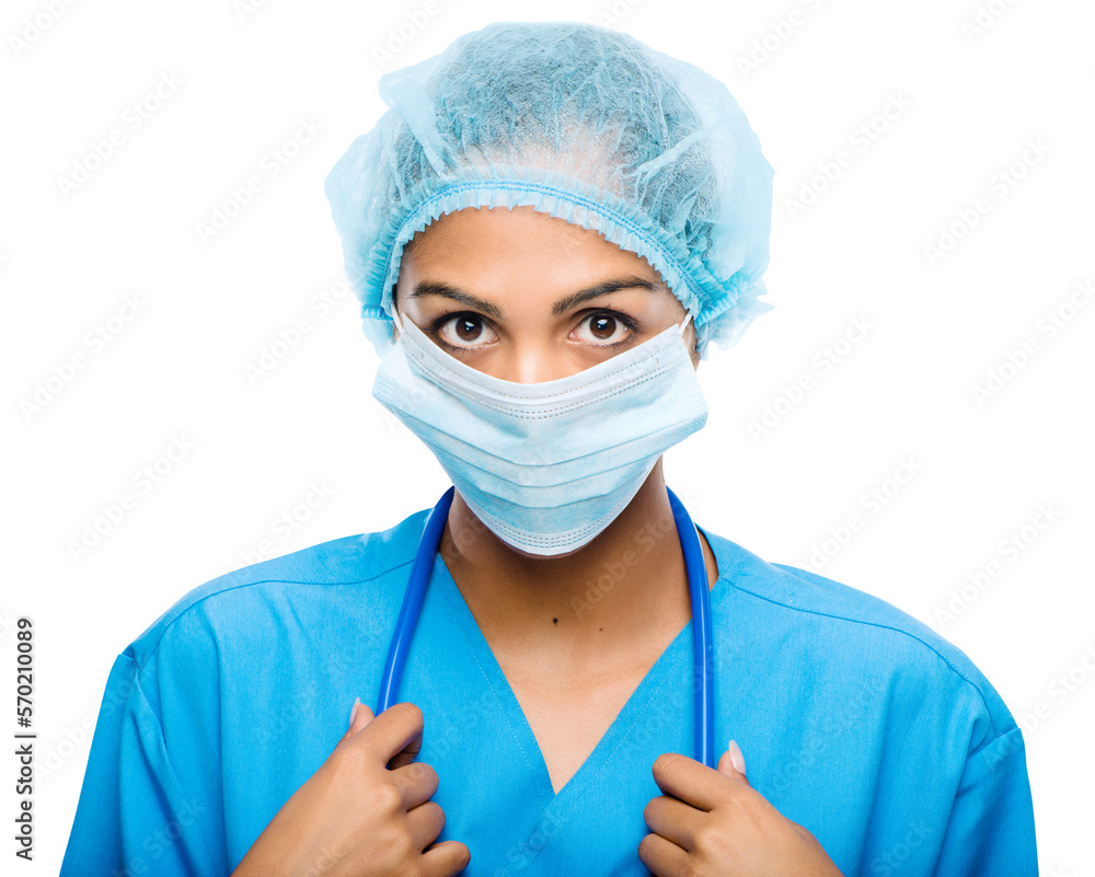 A young female doctor with a serious gazing look in uniform, surgical cap and face mask looking at the camera isolated on a PNG background. A young female doctor with a serious gazing look in uniform, surgical cap and face mask looking at the camera isolated on a PNG background.