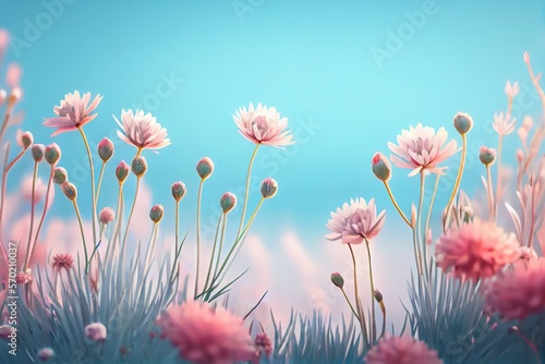 Pink flowers blooming in a field on a soft blue background. Generative ai composite