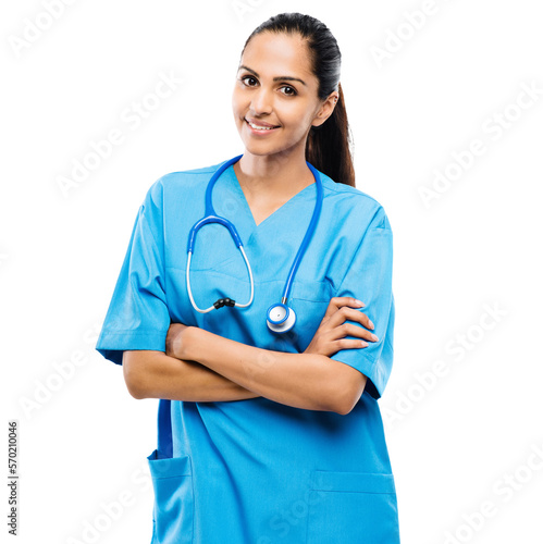 An assertive beautiful female doctor or a medical intern student posing with her hands folded and lookign at the camera isolated on a png background. photo