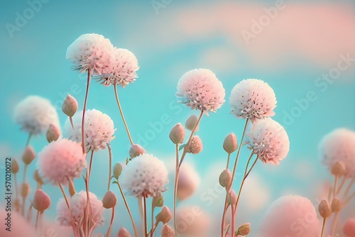 Fluffy pink flowers in spring of a soft blue background . Generative ai composite