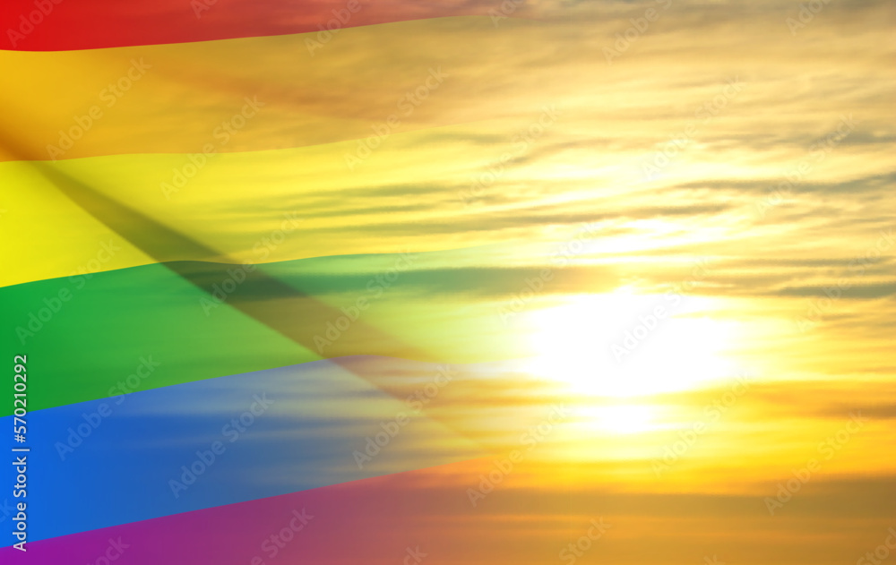 Rainbow flag on background of sunset. EPS10 vector