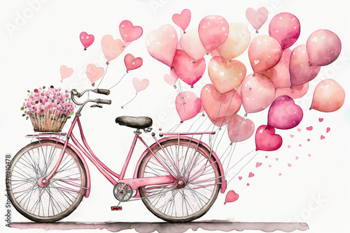 Watercolor bicycle with many pink cute heart shape balloons illustration, Valentine and love graphic resource. Generative AI