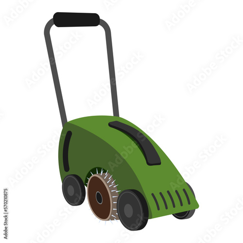 Scarifier, verticutter, aerator is on lawn. Electric Scarifier with grass catcher. Create perfect lawn. Scarifier is like lawn mower. Flat vector illustration isolated on white background.