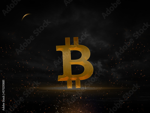 Bitcoin BTC cyptocurrency golden logo on dark sky background photo