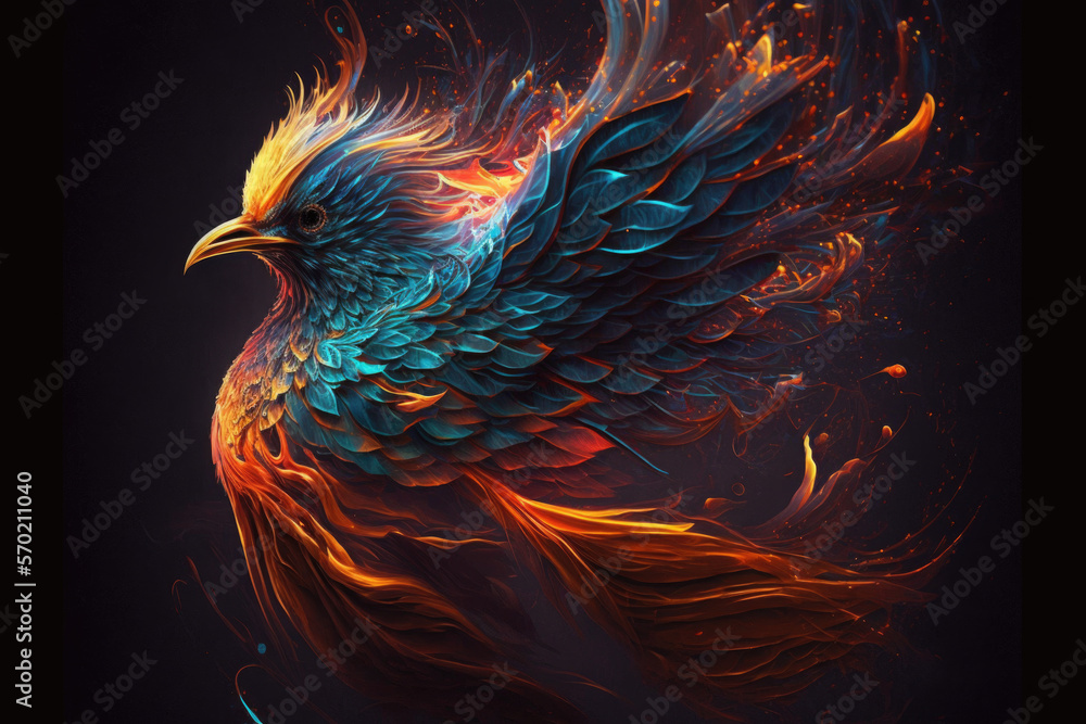 Colorful abstract bird of paradise on a black background. Image created with Generative AI technology. Colorful abstract bird of paradise on a black background. Image created with Generative AI technology.