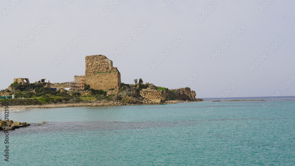 View of the Atlit beach and ruins of the Chateau Pelerin fortress, Northern Israel