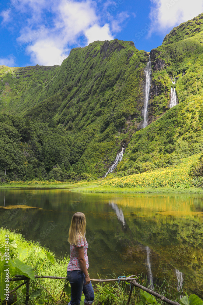 View of the idyllic Poço da Alagoinha lagoon at Flores island in Azores ...