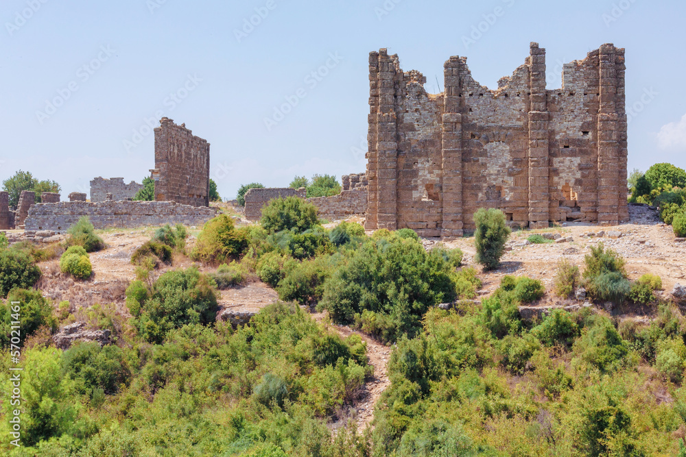 Aspendos Ancient City. Acropolis city ruins, nymphaeum, part of water supply system. Aspendos, Antalya region, Turkey (Turkiye).