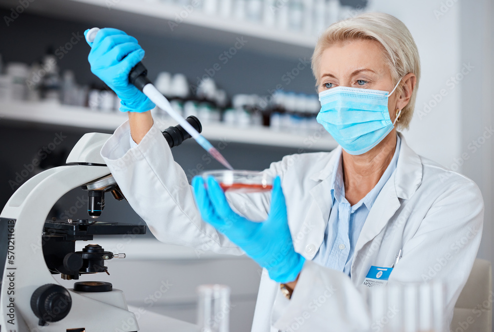 Woman, doctor and pipette in experiment with mask or gloves for safety, sample or testing in scientific research at lab. Female scientist or medical expert working with chemical in science laboratory Woman, doctor and pipette in experiment with mask or gloves for safety, sample or testing in scientific research at lab. Female scientist or medical expert working with chemical in science laboratory